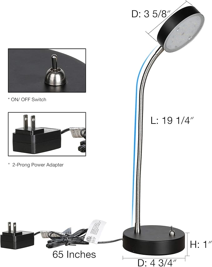 19.25" Flexible Gooseneck LED Desk Lamp, Plun-in Table Light with Stable Base, 4.5W 260LM 4000K, 65” Cord Small Desk Light for Home Office, Study, ETL Listed