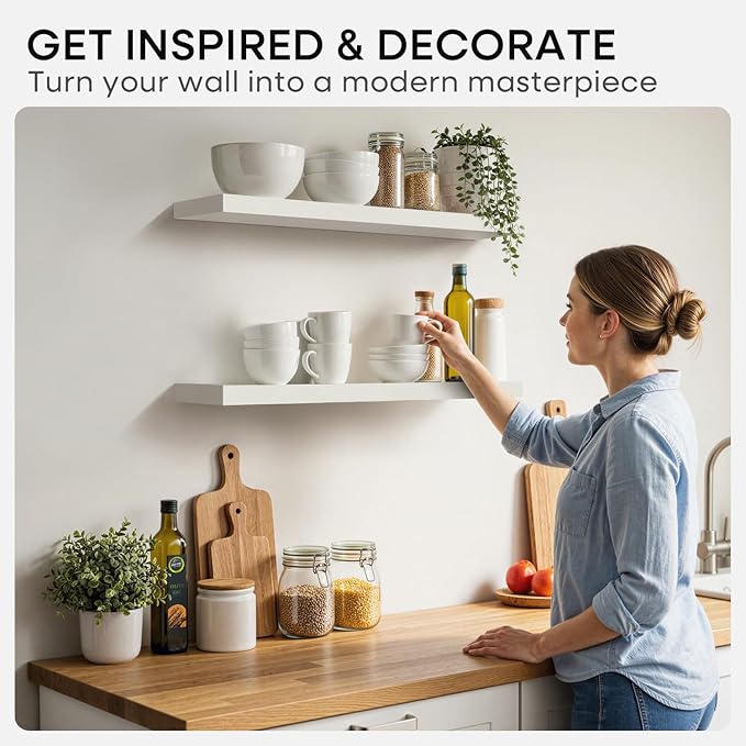 Homeforia White Floating Shelf 12 inch, High End Solid Real Wood Small 12inch Floating Shelves for Wall Mounted, White Wooden 12 in Floating Shelves, Heavy Duty Bracket, 12 X 6.5 X 1.75 inch, Set of 2