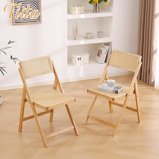 Tiita Rattan Dining Chairs Set of 2, Mid Century Modern Folding Chair, Bamboo Folding Dining Chairs for Small Space, Dining Room, Living Room, Bedroom, Wood