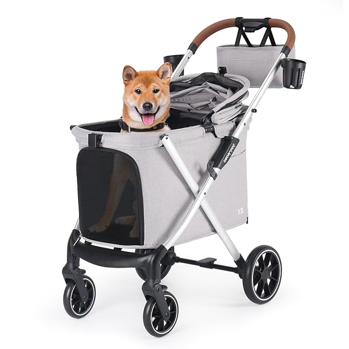 X6 Luxury Pet Stroller for Medium Dogs up to 66 lbs, One-Second Fold Design, 180° Canopy, 4-Wheel Shock Absorption (Grey)