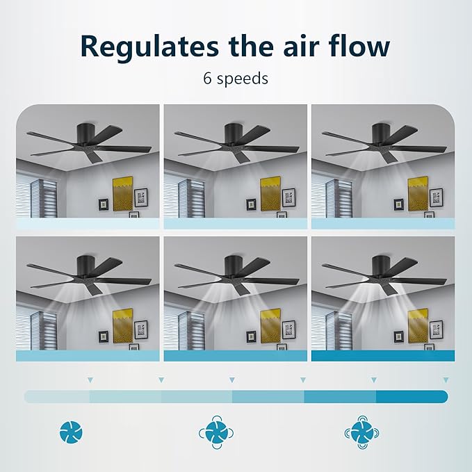 ELEHINSER 52 inch Low Profile Ceiling Fan without Light, 5 Solid Wood Blades, 6-Speed, Quiet DC Motor, Timer, Flush Mount Modern Ceiling Fan No Light with Remote for Living Room Bedroom, Black