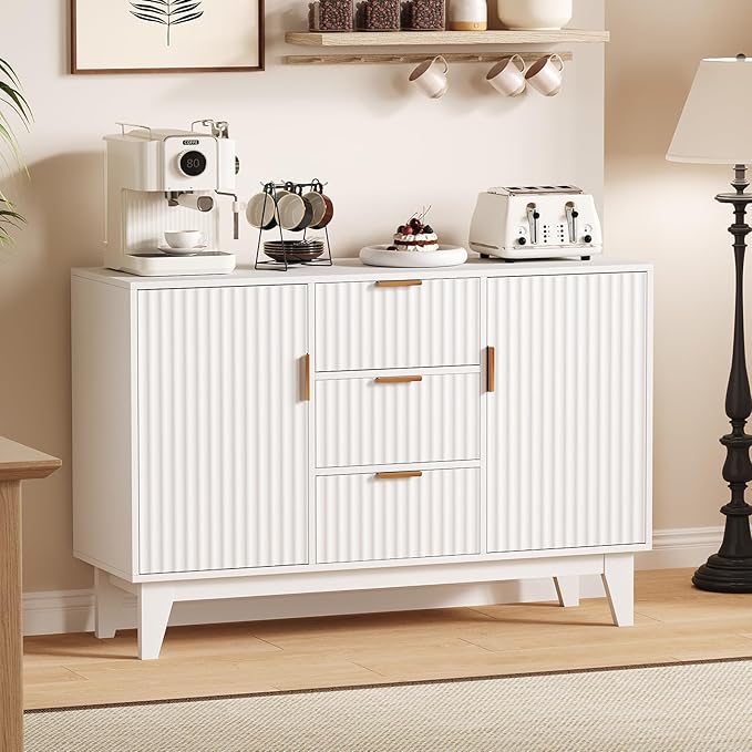 GarveeHome Fluted Buffet Storage Cabinet, 47.2 in Large Coffee Bar Kitchen Sideboard Cupboard with 3 Drawers 2 Doors for Living Room Entryway, White