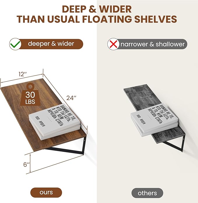 Heimlove 12 Inch Deep Floating Shelves for Wall, 24W x 12D Wood Wall Shelves Set of 2, Walnut Wide Floating Bookshelf for Living Room, Kitchen, Office, Bedroom, with Black Metal Bracke - Walnut