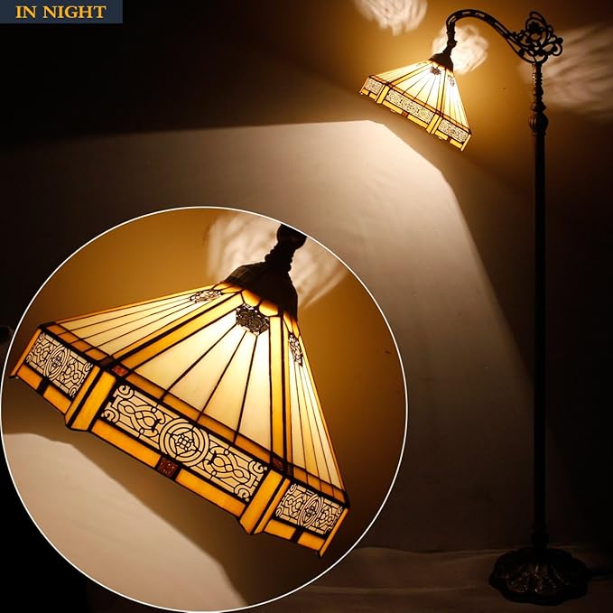 WERFACTORY Tiffany Floor Lamp Mission Hexagon Stained Glass Arched Lamp 12X18X64 Inches Gooseneck Adjustable Corner Standing Reading Light Decor Bedroom Living Room S011 Series