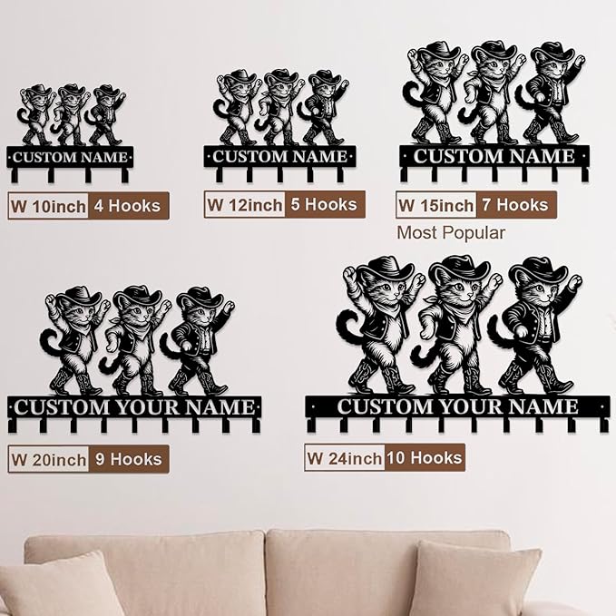 Custom Western Cowboy Metal Iron Key Hooks,Personalized Name & Text Engraving,Decor Wall Keys Holder for Home Entryway (Style I)