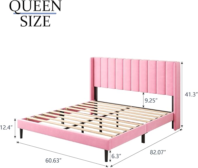 Queen Size Bed Frame with Upholstered Wingback Headboard, Easy Assemnly Platform Bed, Wooden Slat Support No Box Spring Needed, Pink Velvet