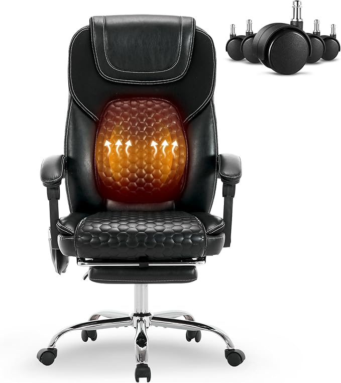 Executive Office Chair with Massage and Heat, Ergonomic Reclining Desk Chair with Footrest, Big and Tall High-Back Leather Computer Chair with Wheels, Adjustable Managerial Chair, Supports 300 lbs