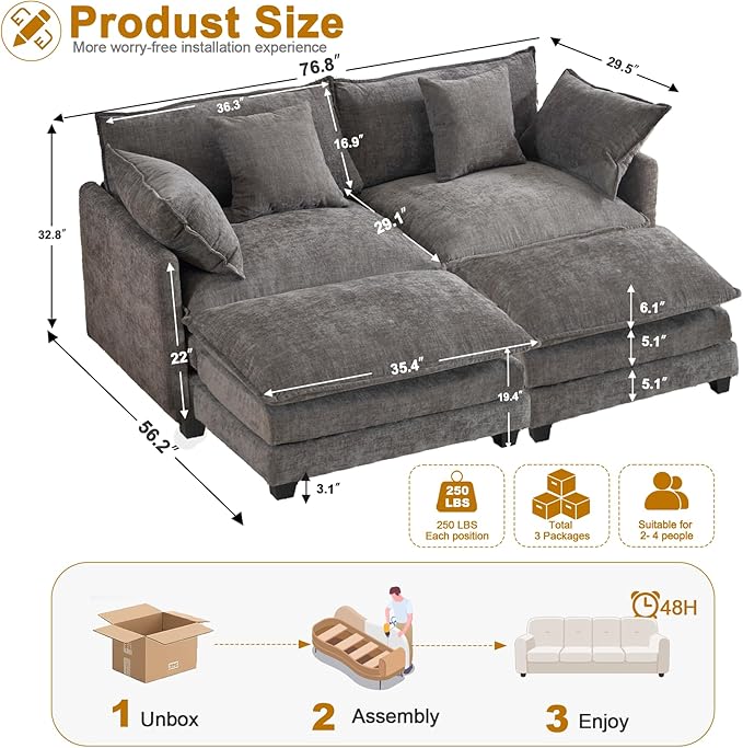 77" Cloud Chenille Sectional Sofa with 2 Ottoman｜Modular Couch with 29.1" Deep Seat｜FSC Solid Wood Frame｜Easy Assembly & 1YR Guarantee｜for Apartment Living Room (Grey, 77 Inch（U）)