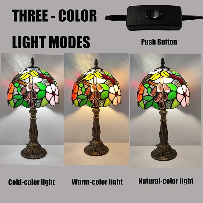 Tiffany Table Lamp 3-Way Tiffany Style Desk Lamp Small Stained Glass Lamp Antique Light Home Bedroom Bedside Lamp Retro Reading Decoration Lamps (Grapes Flowers Style)