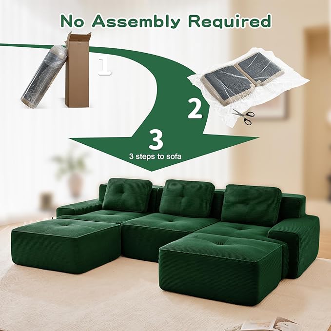 115" Modern Compressed Boneless Couch with Ottoman, 3 Seater Large U Shaped Sectional Couches for Living Room, Green Corduroy Cloud Modular Sectional Sofa, Memory Foam, Extra Deep, No Assembly