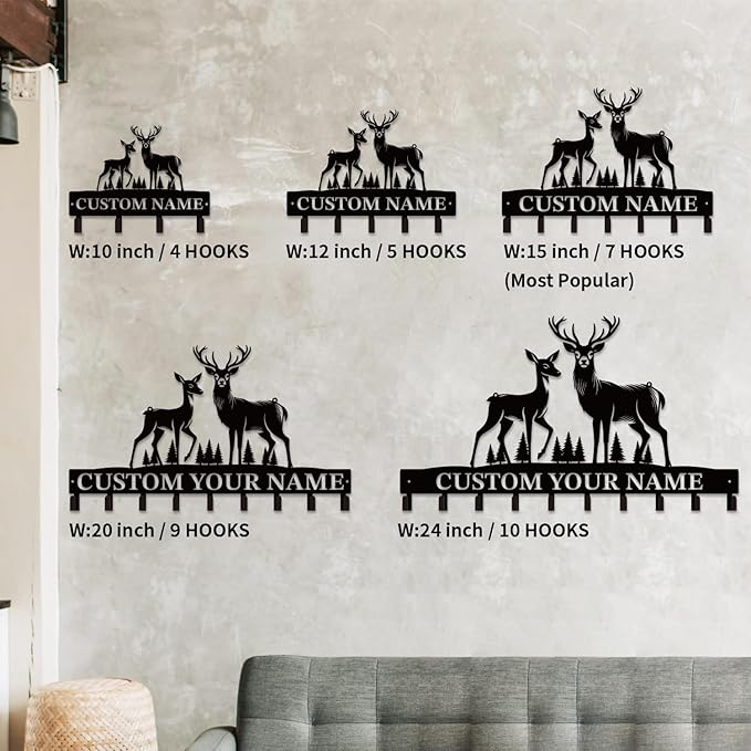 Personalized Custom Name Forest Deer Wall Keys Hooks,Metal Forest Deer Art Clothes Hooks,Metal Forest Deer Wall Home Storage Decorative,For Front Door, Hallway, Kitchen, Bedroom,Keys,Hats (Style H)
