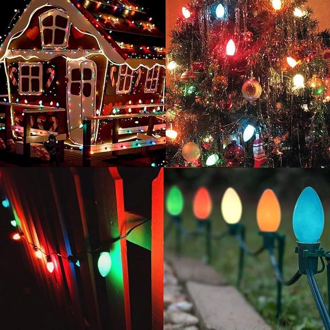 Couah Christmas Lights, 25Ft C9 Vintage Christmas String Lights with 27 Multicolor Ceramic Incandescent Bulbs, Hanging String Lights for Indoor Outdoor Tree Christmas Decorations (Green Wire)
