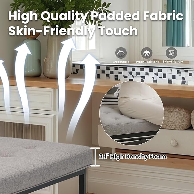 Ottoman Coffee Table with Upholstered Tufted Linen Fabric, Square Center Table with Storage Large Footrest Ottoman for Living Room Gray