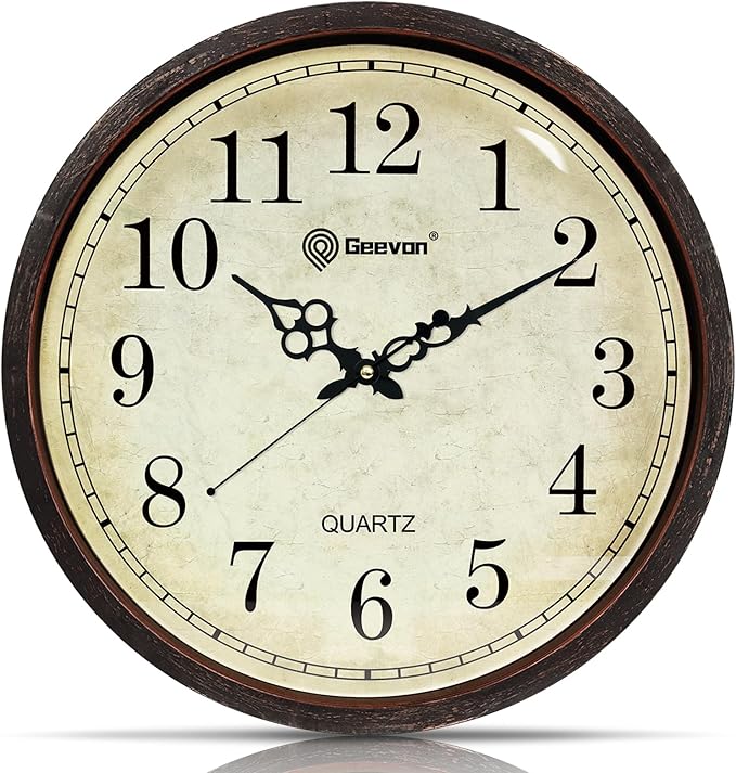 Geevon Vintage Brown Wall Clock, Silent 16" Non Ticking Wall Clock Battery Operated Retro Rustic Style Round Clock Decorative for Kitchen,Classroom,Bedroom,Living Room Decor