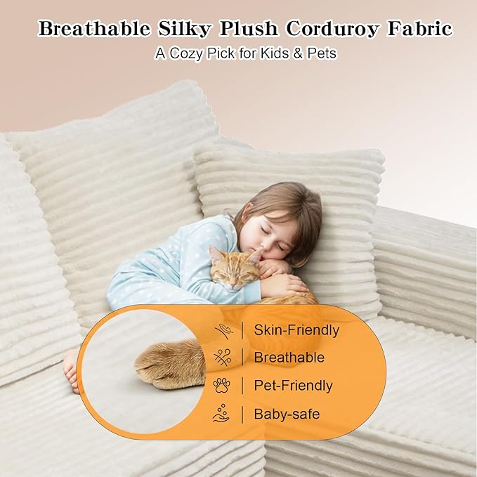 106'' Boneless Couches for Living Room, L Shaped Modular Sectional Sofa with Chaise Lounge, Faux Rabbit Fur & Layered Cushion Deep Seat Cloud Couch, No Assembly (Beige, Right Facing Chaise)