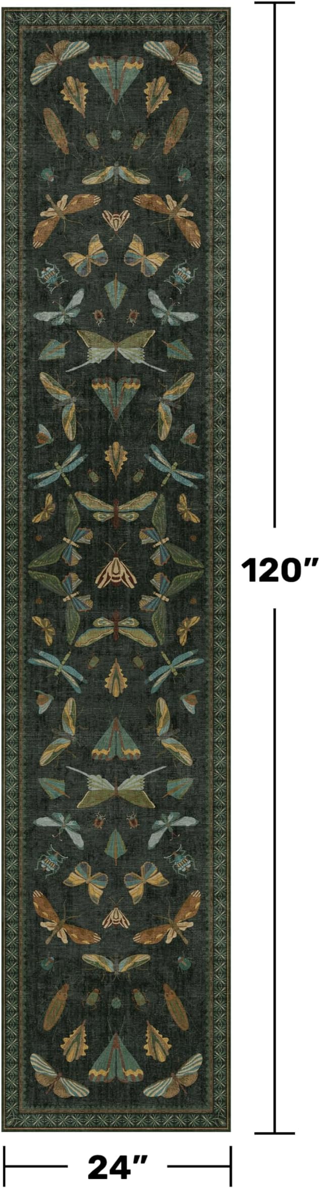 2x10 10ft Long Hallway Rug Runner - Washable Boho Rug for Entryway Idoor Non Slip, Dark Green Forest Butterfly Vintage Carpet, Low Pile & Soft Stain Resistant Indoor Décor
