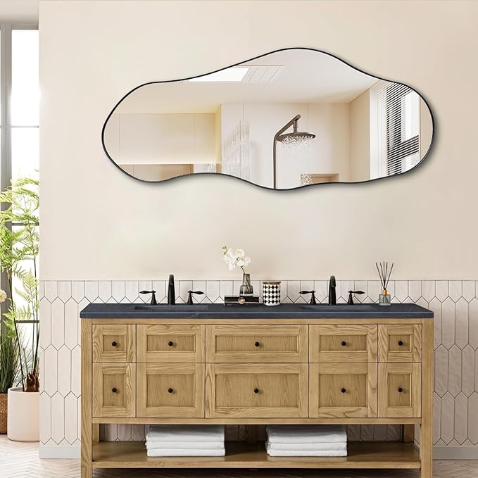 Irregular Mirror, 47"x20.5" Asymmetrical Mirrors, Abstract Wall Mirror with Metal Frame, Modern Unique Shaped Mirrors for Living Room Bathroom Bedroom Hallway Entryway Fireplace