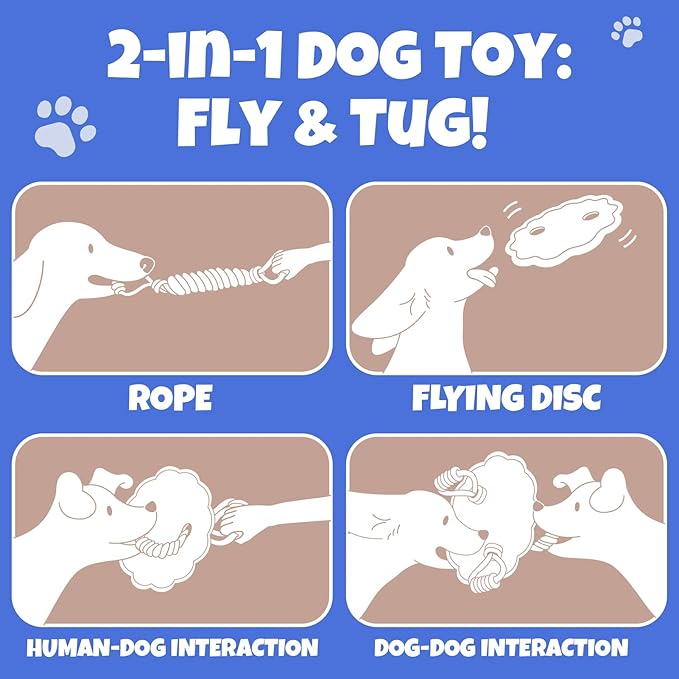 Interactive Dog Frisbee Rope Toy – Tough 2-in-1 Flying Disc & Rope Chew Toy for Medium/Large Dogs, Outdoor Training & Fetching, Blue & Red