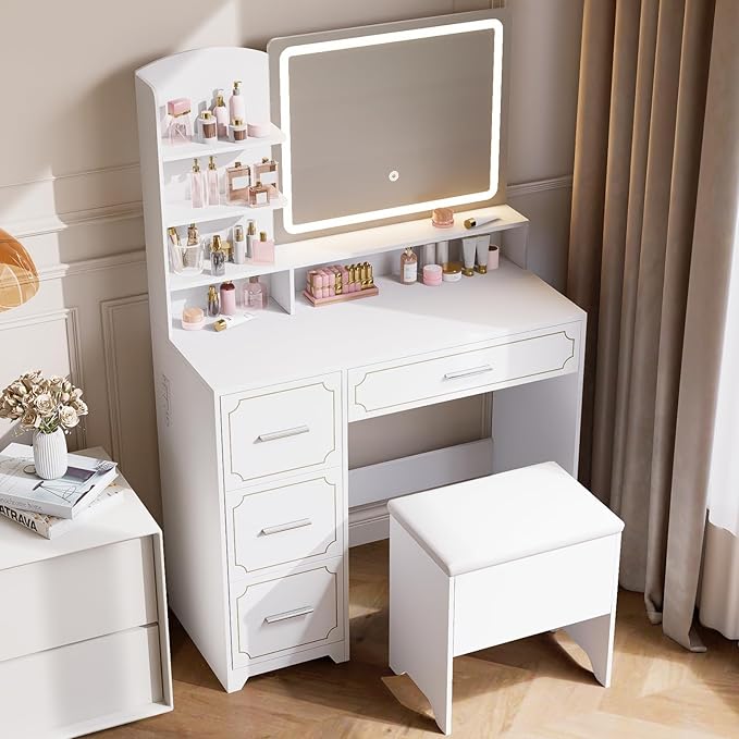 Vanity Table with LED Mirror & Power Outlet - 5 Open Shelves, 4 Drawers - Includes Padded Stool - Ideal Bedroom Makeup Dressing Table （White）