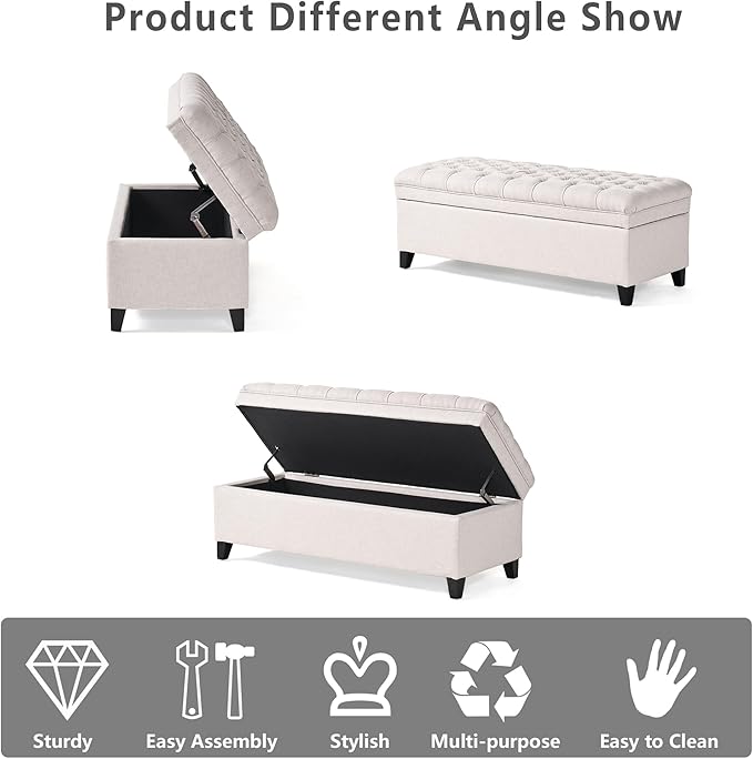 Setawix Linen Storage Benches for Bedroom,50" Bed End Bench with Storage,Tufted Light Grey Storage Ottoman Bench for Living Room,Rectangle Entryway Benches with Storage and Seating (Light Grey, Linen)