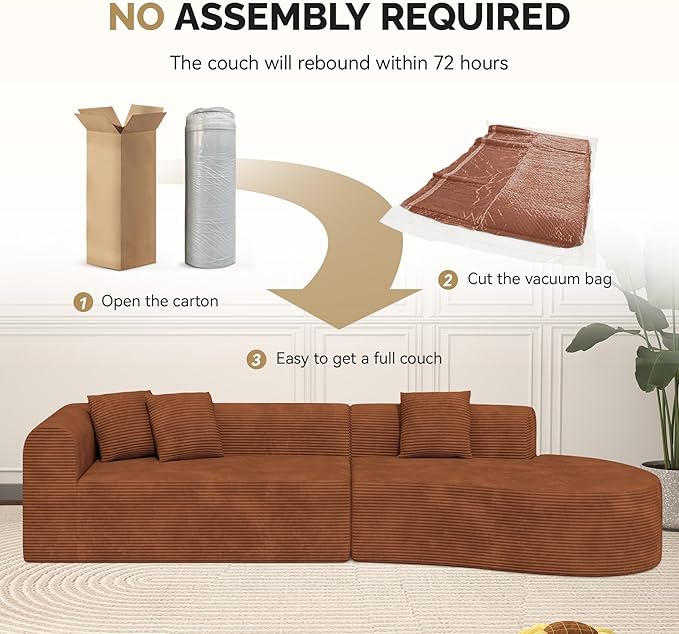 128" Oversized Modern Curved Sofa,Boneless Cloud Sectional Couch with Deep Seat,No Assembly Required Corduroy Couches for Living Room,Reddish Brown,1 PCS