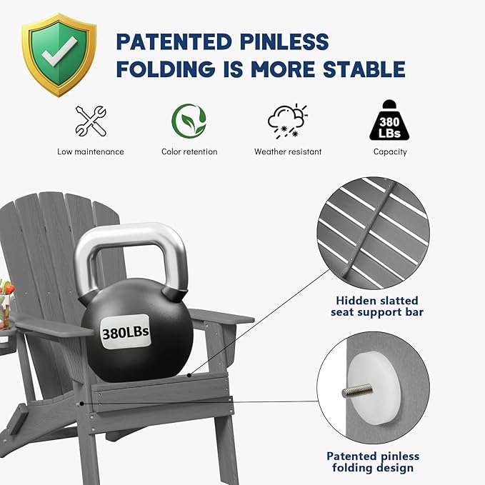 Plawdlik Folding Adirondack Chair, SGS Tested, Wooden Textured with Cup Holder, Heavy All-Weather HDPE Comfortable Set Poolside Backyard Lawn Grey Set 2