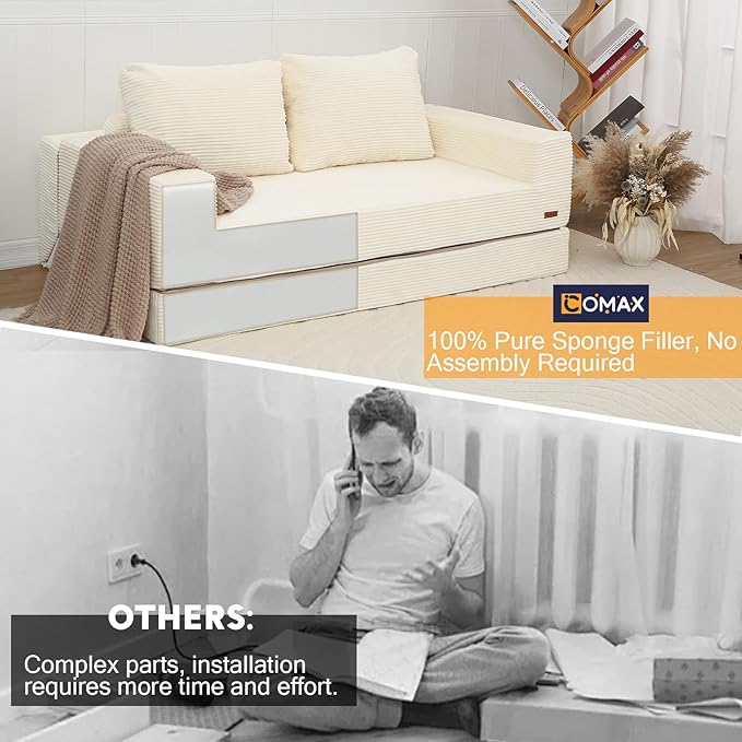 COMAX Convertible Sofa Bed Queen, Corduroy Folding Floor Couch Pull Out Couch Bed Futon Sleeper with Pillows, Fold Out Boneless Sofa Comfy Lounge Mattress Loveseat for Living Room Bedroom, Beige