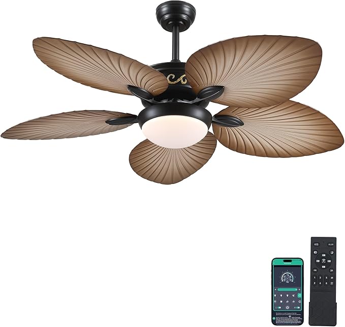 Ceiling Fans with Lights and Remote/APP Control, 52 Inch Tropical Palm Leaf Ceiling Fan with LED Lights, Outdoor Ceiling Fans for Patios Porch, Reversible Quiet Motor, Dimmable, Wood Grain