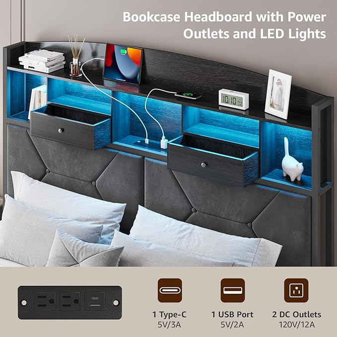 Full Size Black Bed Frame with 4 Storage, Upholstered Velvet Platform Bed Frames with Button Tufted Headboard Led Lights, Wooden Slats Support, No Box Spring Needed, Black