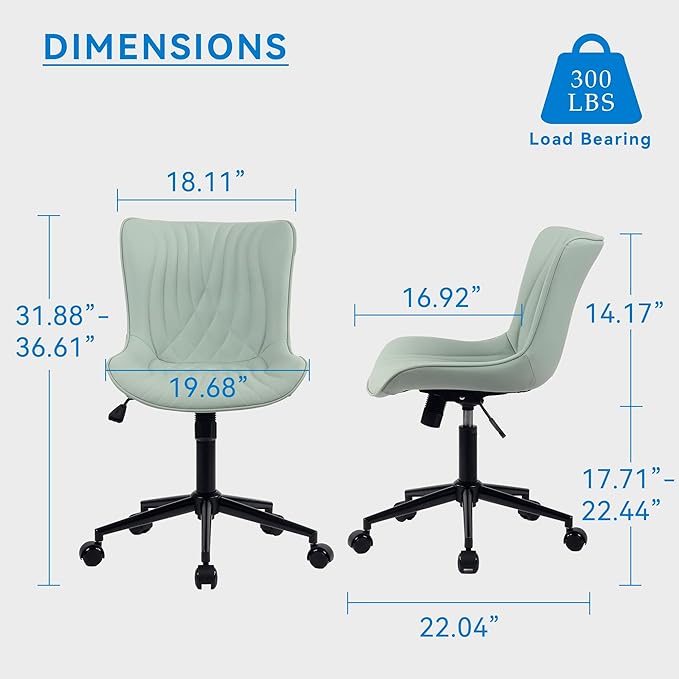 YOUNIKE Office Chair, Armless Desk Chair with Wheels, Home Office Computer Task Chairs, Modern Faux Leather Padded Vanity Chair, Adjustable Swivel Rolling Office Chair with Back, Mint Seafoam Green
