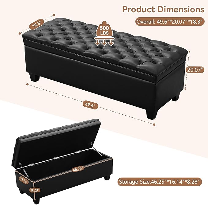 50" Faux Leather Storage Ottoman Bench, Upholstered Rectangle End of Bed Storage Ottoman Tufted Living Room Bedroom Bench with Safety Hinge, Solid Wood Legs, Loads 500 lb(Black)