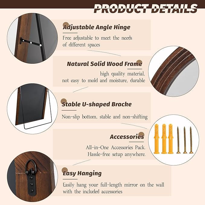 Antok Full Length Mirror 82"×44" Floor Mirror Standing Tall Mirror, Arched Stand up Large Wall Mirrors, Freestanding Full Body Mirrors for Bedroom Living Room Wood Vintage Style Nature