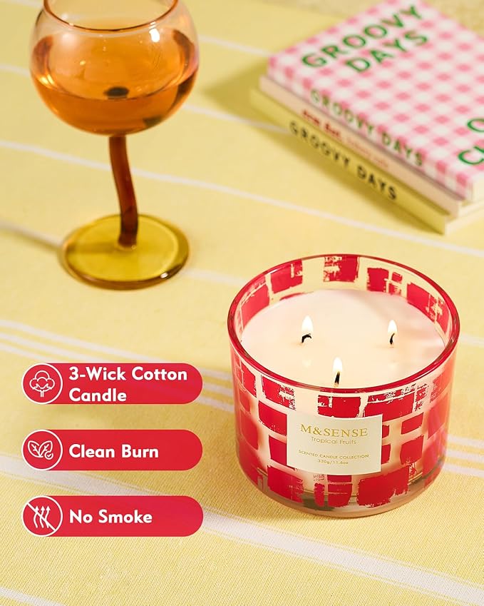 M&SENSE Tropical Fruits Scented Candle,11.6oz Natural Soy Wax, Non Toxic for Home, 3 Wick Jar Candle, Up to 60 Hours Burn time,Housewarming Gifts for Women&Men