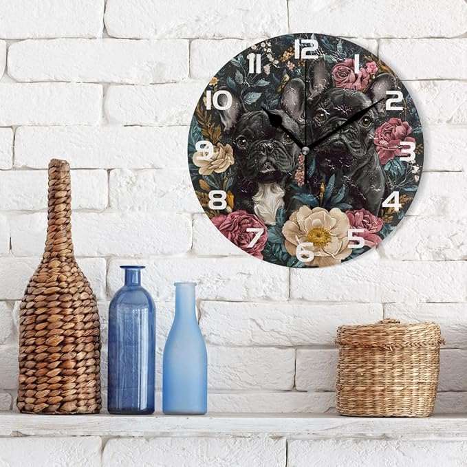 Wall Clocks Decorative Bedroom Silent Living Room Desktop Bulldog Flowers Retro Tabletop Shelf Clocks Round Battery Operated 10 Inch Non-Ticking