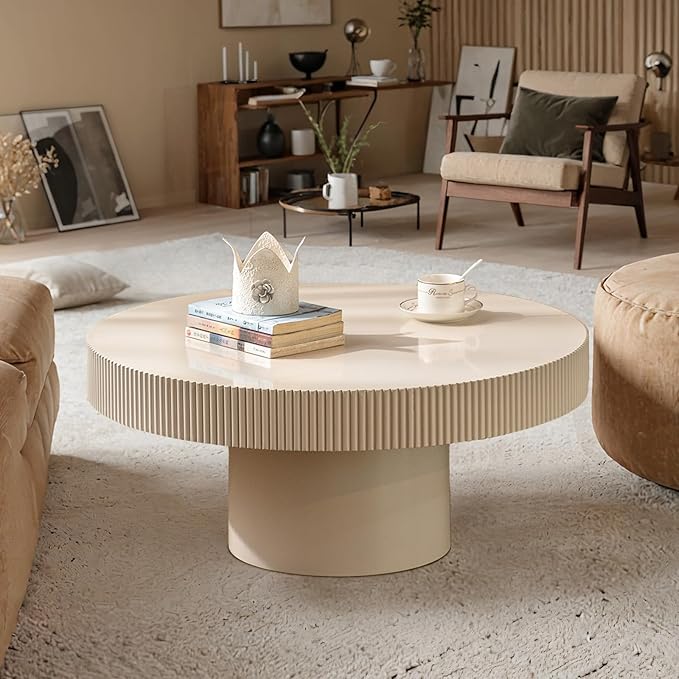 30.71" Round Drum Coffee Tables Modern Handcraft Drum Coffee Table Circle Coffee Table with Sturdy Pedestal, Fluted Wood Coffee Tables Accent End Table for Living Room Apartment,White
