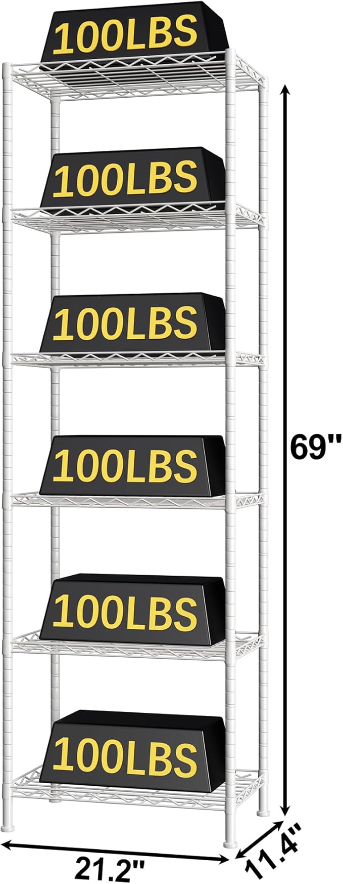 HOMEFORT 6-Shelving Unit, Adjustable Wire Shelving, Metal Wire Shelf Rack Organizer for Kitchen, Pantry, Closet, Bathroom, Laundry, White, 21" W x 11" D x 69" H