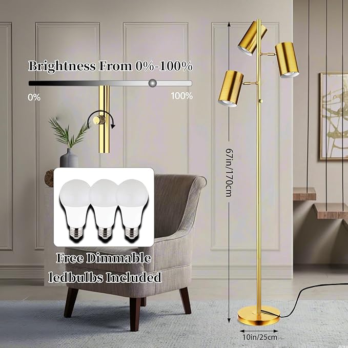 Tree Floor Lamp for Living Room,Stepless Dimmable Gold Standing Tall Pole Lamp with 3 Bulbs,Modern Reading Floor Lamp for Living Room Bedroom Office,9W E26 LED Bulbs Includeds (Gold-Dimmable)