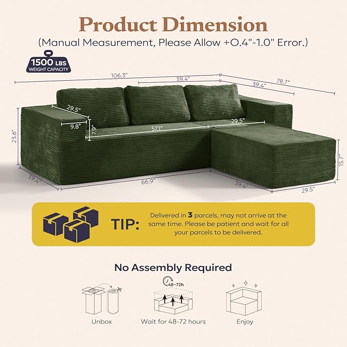 106" Modular Sectional Sofa with L-Shape Chaise, Right/Left Facing Deep Seat Cloud Couch, No Assembly Required, Upholstered Couch for Living Room Bedroom (Plush Corduroy Fabric, Green)