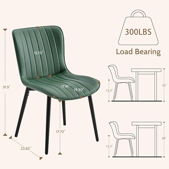 Modern Dining Chairs Set, Heavy Duty Upholstered Side Chairs with Faux Leather, Comfortable Cushions & Durable Metal Legs with Adjustable Feet, Perfect for Kitchen, Dining Room (Green, Set of 4)