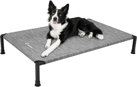 Veehoo Heavy Duty Elevated Dog Bed - Raised With Washable & Breathable Teslin Mesh, Non-Slip Silicon Feet, Cooling Cot for Indoor or Outdoor, 35" x 22", Black Silver, CWC2432