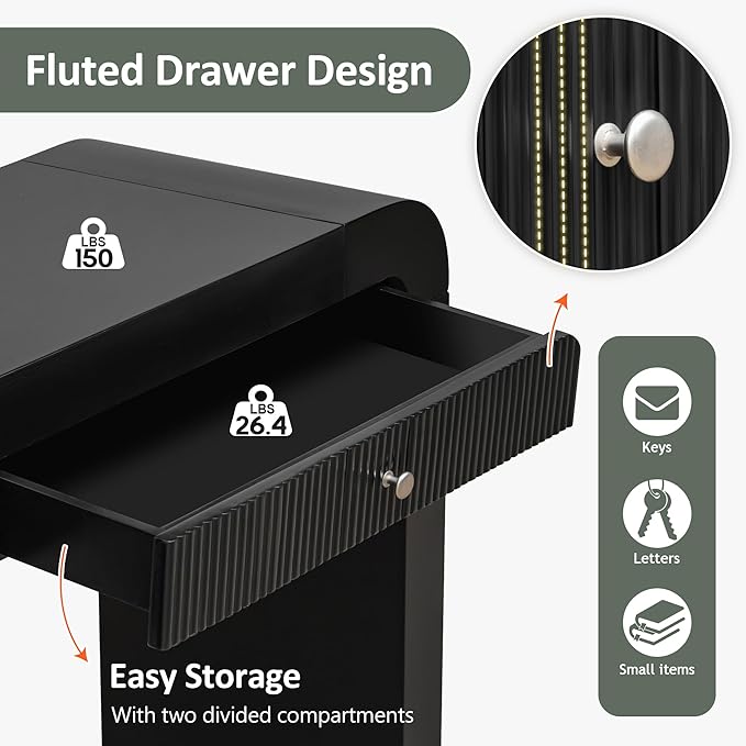 Farmhouse Modern Curved Console Table 54.3-Inch Sofa Entry Table Fluted Accent Tables with Storage Drawers for Living Room Entryway Hallway Furniture, Black