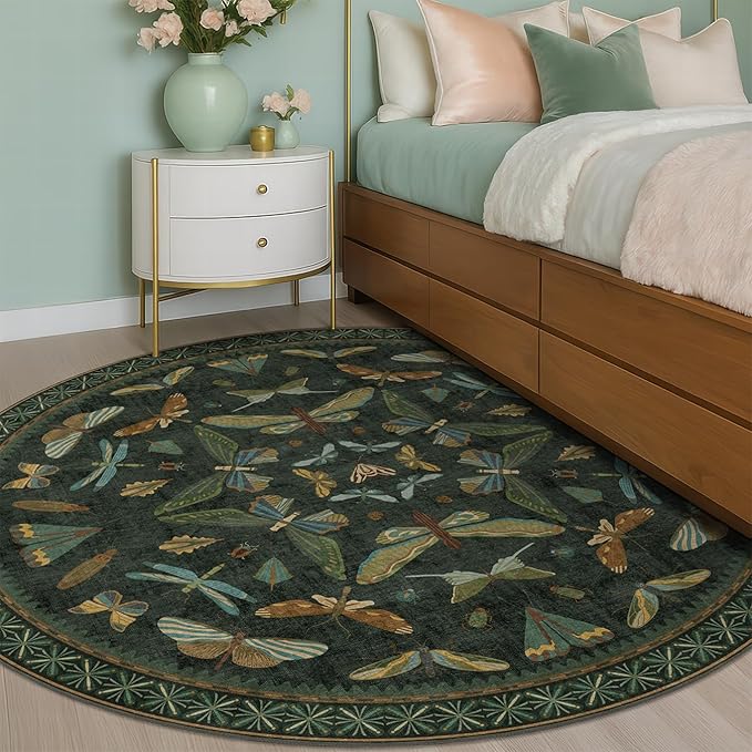 Dark Green Insect 6ft Round Washable Area Rug for Living Room - Non Skid Low Pile & Soft Carpet for Bedroom Beside Bed, Forest Butterfly Design Stain Resistant Home Décor