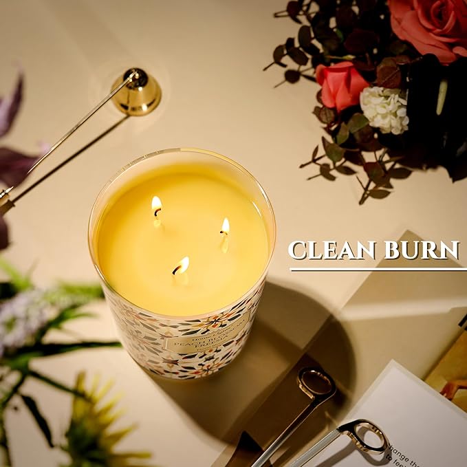 HomeLights 3-Wick Candles for Home Scented - 34oz Soy Wax Blend Candle Long-Lasting Fragrance, Bohemian Natural Textures Home Decor and Housewarming Gifts, Peach Blossom Freesia