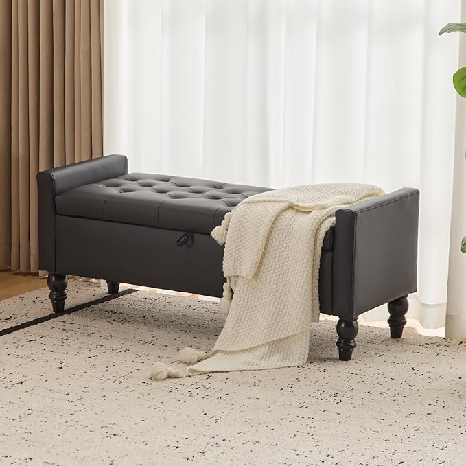 47" Storage Ottoman Bench, End of Bed Bench for Bedroom, Leather Upholstered Ottoman with Storage for Living Room, Entryway, Window (Black)