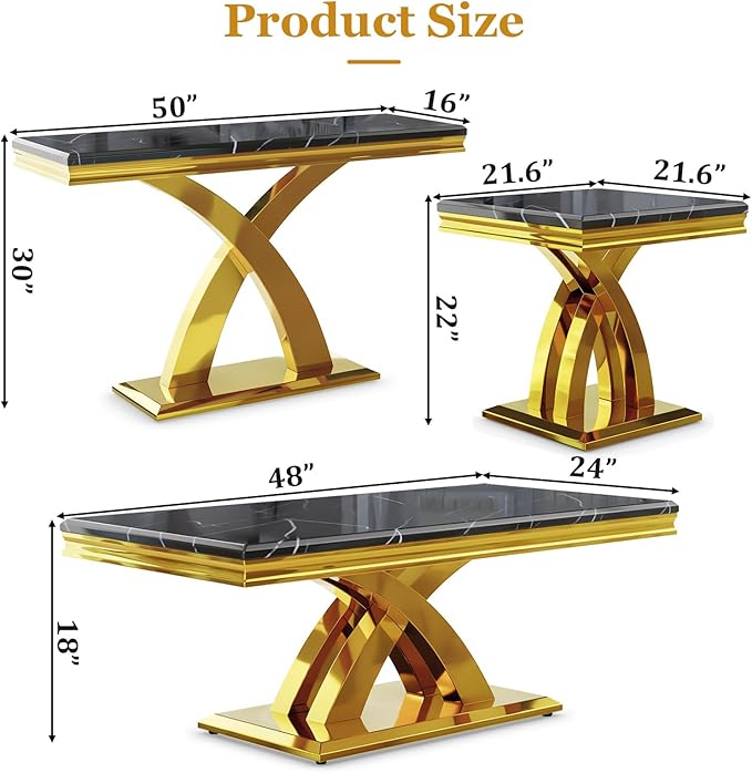 AUZ 3 Pieces Black Gold Living Room Table Set, Coffee Table Set with X-Shape Design Polished Stainless Steel Frame