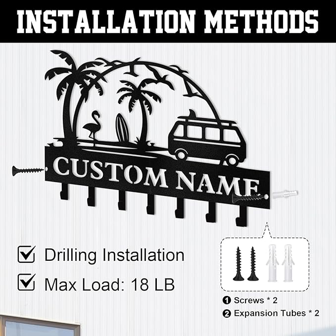 Personalized Key Holder for Wall, Beach Theme Key Holder Wall Mount with Hooks, Coconut Trees Key Hanger Wall Decor for Pool Bathroom Hallway Entryway Office, Customized Home Decor Gifts Color02