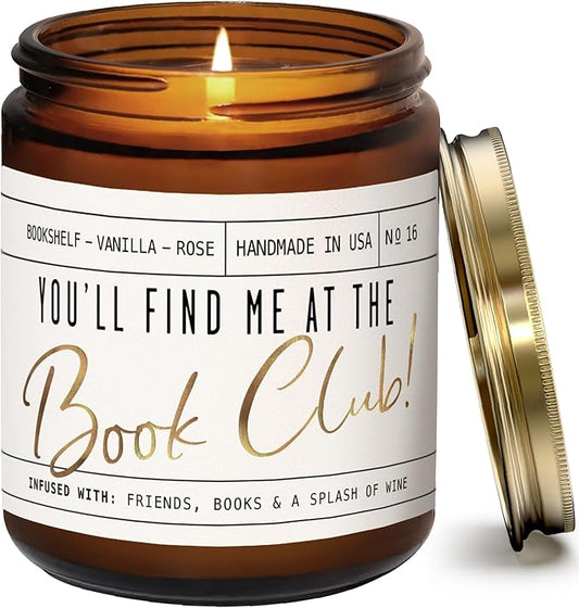 Book Lovers Gifts for Women - 'You'll Find Me at The Book Club' Candle, Old Library, Vanilla, Rose I Bookish Gifts for Women Readers I Reading Accessories for Reading Lovers I 50Hr Burn, USA Made