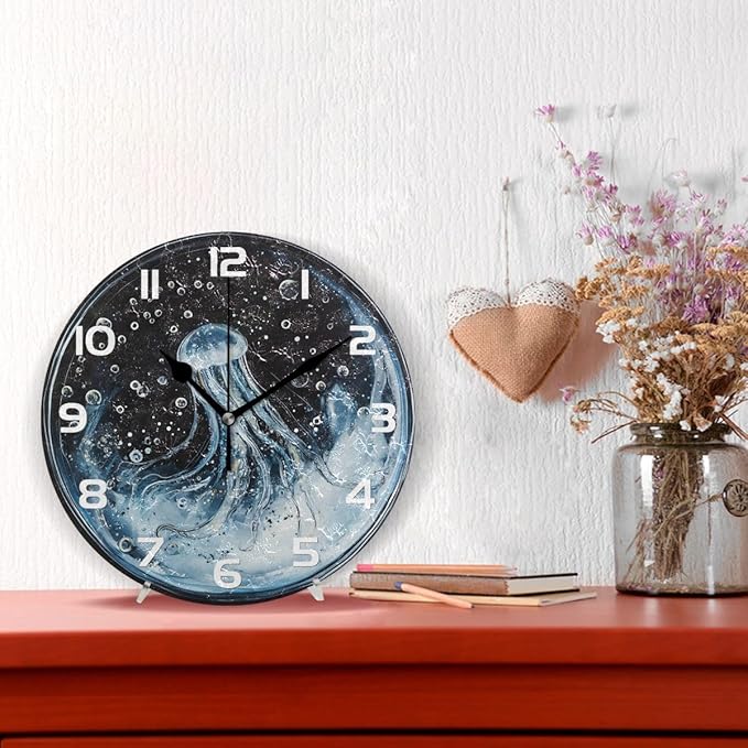 Wall Clocks Decorative Bedroom Silent Living Room Desktop Jellyfish Bubbles Tabletop Shelf Clocks Round Battery Operated 10 Inch Non-Ticking