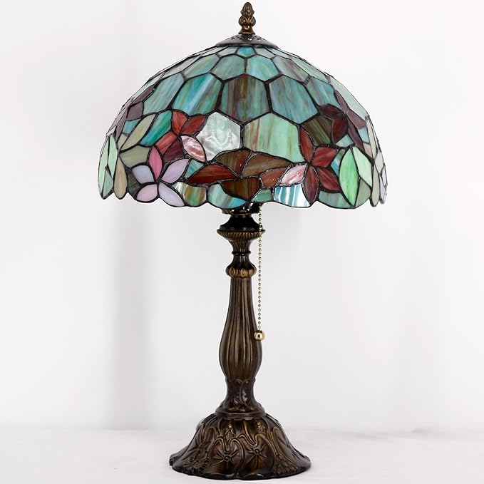Tiffany Table Lamp Stained Glass Lamp 12X12X19 Inch Antique Reading Light (Red Green Flowers)