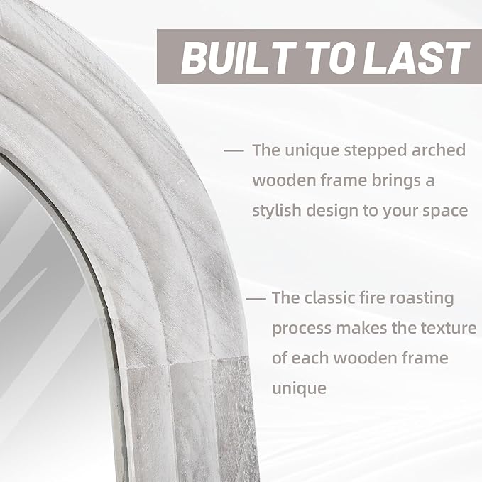 Arched Full Length Mirror with Solid Wood Frame, 65x22 Farmhouse Wall Mirror Full Length with Stand, Vertical Hanging, Leaning Standing for Bedroom, Living Room, Rustic White